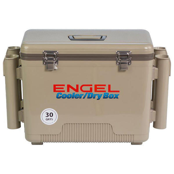 Engel 30 Quart Drybox/Cooler with Rod Holders - Tan