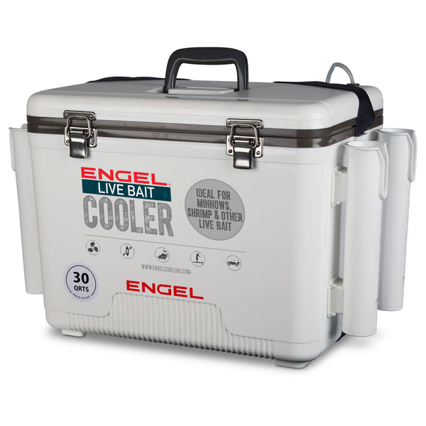 Engel 30 Quart Live Bait Drybox/Cooler with Rod Holders - White